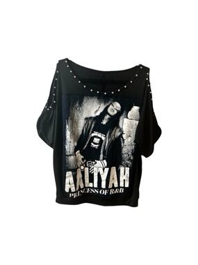 One of a Kind Upcycled Black Aaliyah Graphic Cold-Shoulder Studded Top 21X24